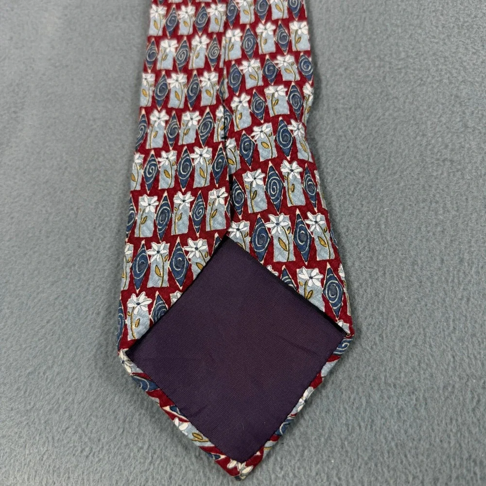 Structure Mens Silk Tie Red Blue Floral Geometric Pattern Made in USA Vintage